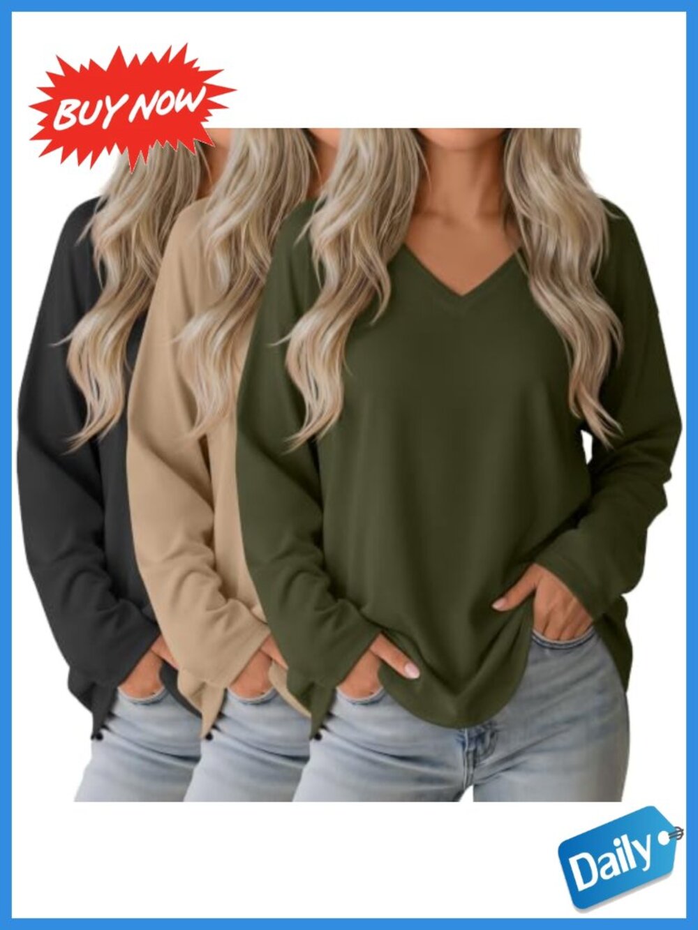 Oversized Long Sleeve V-Neck T-Shirt 3 Pack Loose Fit Casual Tops